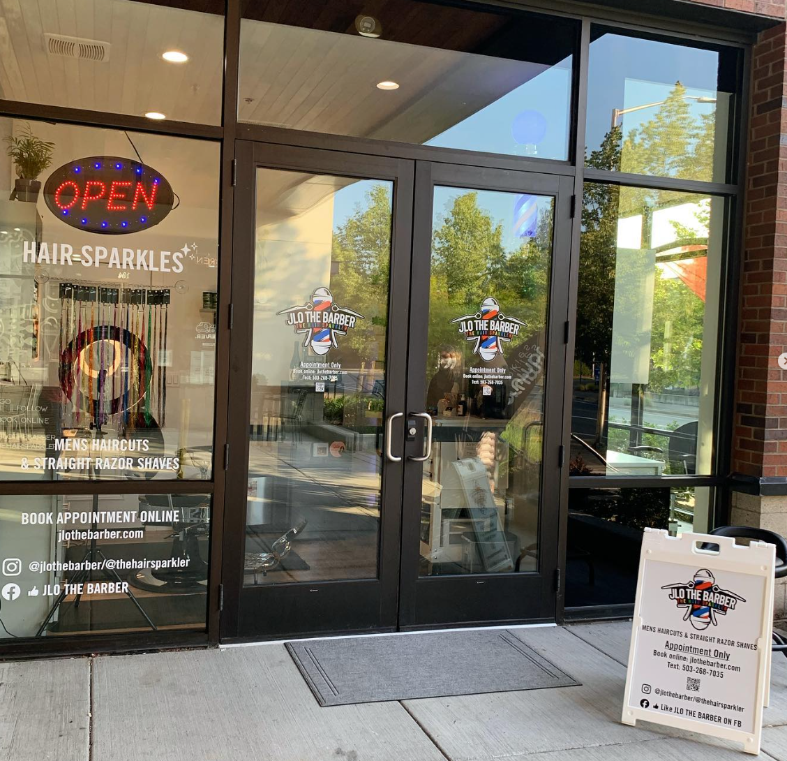 JLO The Barber storefront window graphics and A-frame sign