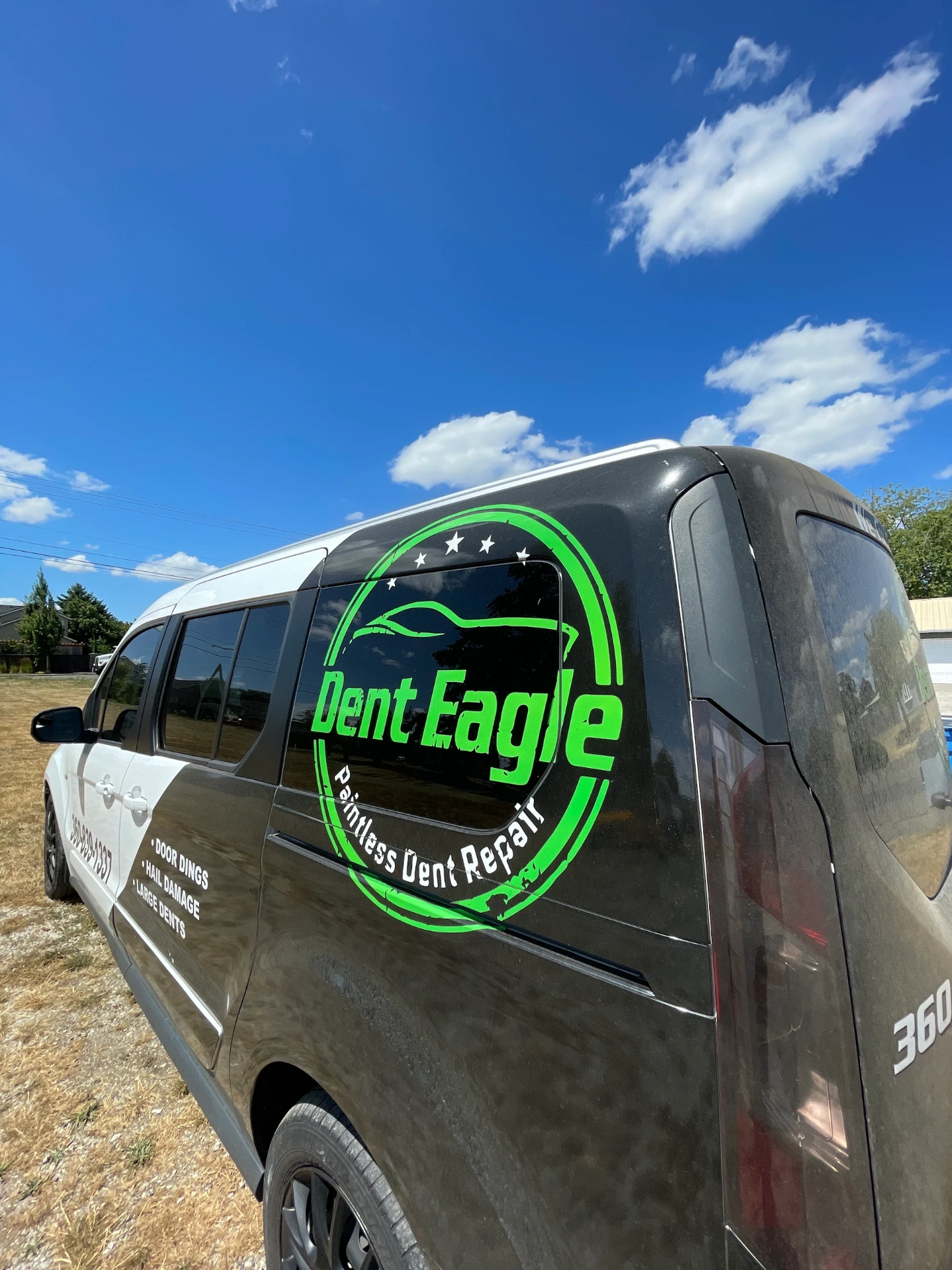 Dent Eagle paintless dent repair partial van wrap in green vinyl