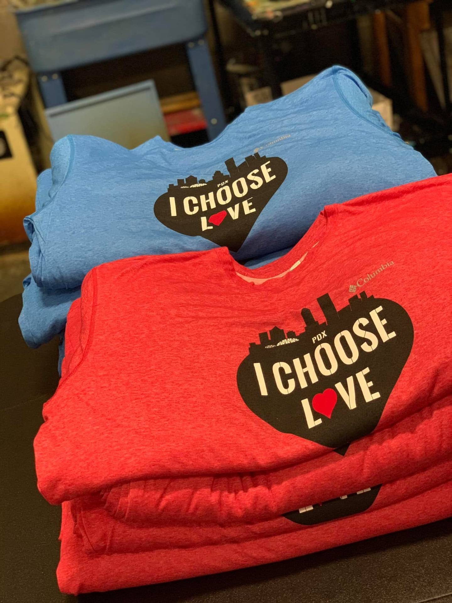 I Choose Love PDX skyline t-shirts in red and blue