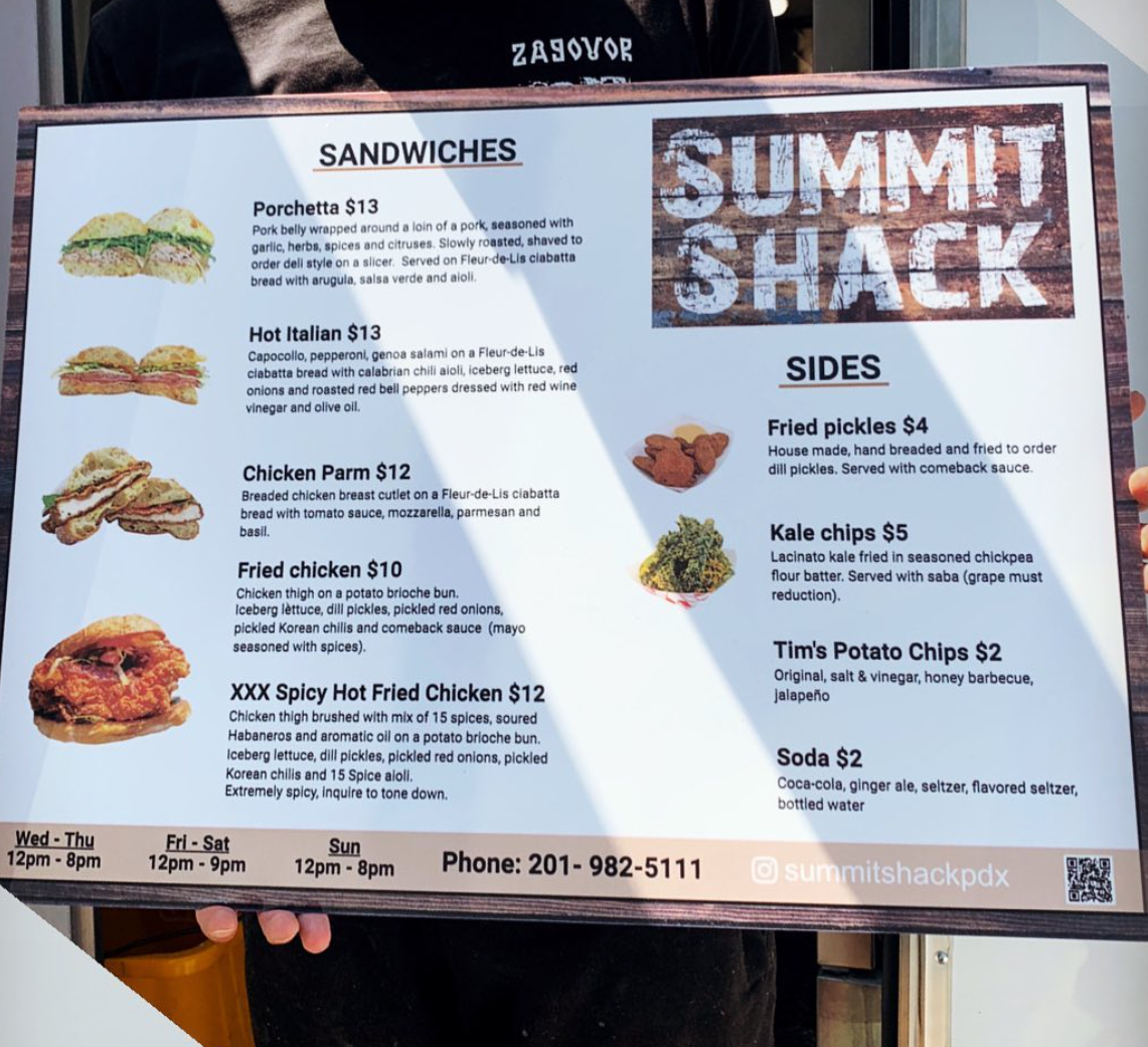 Summit Shack large-format printed restaurant menu board